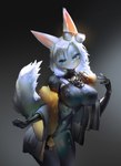 anthro big_breasts big_butt biped blue_eyes blush breasts butt clothed clothing eyewear eyewear_on_head female fur glasses glasses_on_head hair kemono nipple_outline solo standing tail thick_thighs white_body white_fur white_hair utterangle white_fox_(utterangle) canid canine fox mammal absurd_res hi_res