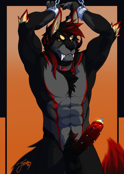 abs anthro bdsm black_body black_border black_fur black_hair black_nose black_sclera black_tail bondage border bound chain chained cuff_(restraint) erection fangs foreskin fur genital_piercing genitals gradient_background grey_body grey_fur hair iron_cuffs male metal_cuffs multicolored_body multicolored_fur multicolored_hair muscular muscular_anthro muscular_male navel orange_background orange_eyes penis penis_piercing piercing prince_albert_piercing red_body red_fur red_hair red_tail restraints simple_background solo submissive submissive_male tail teeth two_tone_hair two_tone_tail feralise abraxas_(pyro29) canid canine mammal 2016 signature