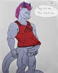 anthro balls belly bottomless clothed clothing dialogue erection genitals humanoid_genitalia humanoid_penis male mohawk muscular penis penis_under_shirt shirt solo topwear wardrobe_malfunction muddytiger ostarn mythology rangstrom dragon mythological_creature mythological_scalie scalie hi_res