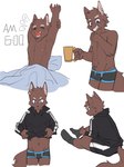 anthro beverage clothing footwear holding_beverage holding_object hoodie male simple_background sitting socks solo topwear underwear waking_up white_background joeyzliaotang canid canine canis mammal wolf 3:4 hi_res