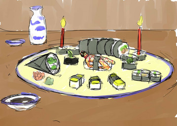 anthro balls bound brown_hair candle erection food fur furniture genitals ginger hair humanoid_genitalia humanoid_penis lying male micro micro_on_sushi nori nude on_back orange_body orange_fur penis solo sushi table wasabi wide_eyed jeri_kleinlowe domestic_cat felid feline felis mammal 2012 colored guide_lines