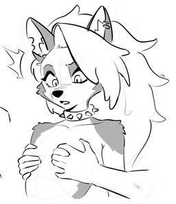 ambiguous_gender anthro breast_fondling breast_play breast_squeeze breasts choker clothed clothing collar disembodied_hand duo female fondling fur hair hand_on_breast inner_ear_fluff jewelry long_hair makeup necklace nude nude_female simple_background small_breasts spiked_collar spikes squeezing surprised topless topless_female tuft white_background white_body white_fur remesh hellaverse helluva_boss mythology loona_(helluva_boss) canid canid_demon canine demon hellhound humanoid mammal mythological_canine mythological_creature sketch