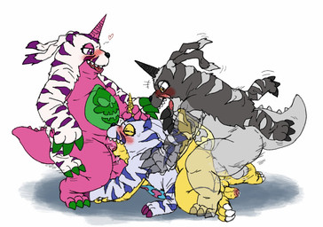 anal anal_penetration animal_skin anthro balls belly belly_markings blush erection fellatio fur genitals group group_sex heart_symbol horn horn_grab male male/male male_penetrated male_penetrating male_penetrating_male markings oral penetration penile penile_penetration penis penis_in_ass penis_in_mouth rough_sex sex slightly_chubby spitroast striped_body striped_fur stripes threesome thrusting trio reddo12340 bandai_namco digimon blackgabumon digimon_(species) gabumon psychemon hi_res