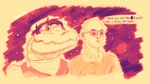 anthro bald clothed clothing dialogue duo eyewear female hair humor male pupils simple_background slit_pupils sunglasses text cavemanon cavemanon_studios i_wani_hug_that_gator inco_(iwhtg) olivia_halford alligator alligatorid crocodilian human mammal reptile scalie english_text hi_res meme