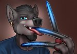 anthro blue_eyes claws clothed clothing ear_piercing facial_hair fur hair hand_fetish licking long_claws male open_mouth piercing simple_background solo teeth tongue tongue_out longblueclaw canid canine canis mammal wolf 2019 bust_portrait digital_media_(artwork) portrait