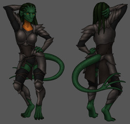 anthro armor breasts clothed clothing female green_body green_scales looking_at_viewer multi_eye multicolored_body multicolored_scales non-mammal_breasts orange_body orange_scales scales simple_background solo two_tone_body two_tone_scales yellow_eyes wickedjuti ssarenna alien lizard reptile scalie tekenar 2015 source_request unavailable_at_source