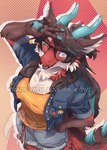 accessory anthro breasts clothed clothing eyewear female fluffy fluffy_tail glasses hair horn jacket long_hair one_eye_closed pose solo tail teeth tongue topwear wink 2nckw3i mythology vyse_renata dragon hybrid mythological_creature mythological_scalie scalie 2023 digital_media_(artwork) hi_res signature