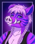 anthro biting_on_toothpick breasts cleavage clothed clothing eyebrows facial_piercing female hair nose_piercing nose_ring nostril_piercing nostril_ring piercing purple_body purple_eyebrows purple_eyes purple_hair purple_nose ring_piercing shirt solo sparklefur stripes teeth toothpick topwear shtrix-kot mammal suine 4:5