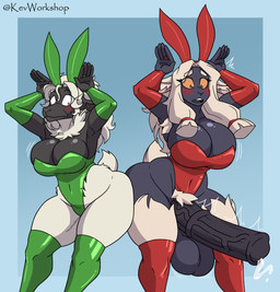 animal_genitalia animal_penis anthro armwear balls big_breasts big_butt big_penis black_balls black_body black_breasts black_penis blush blush_lines bodily_fluids breasts butt cleavage clothed clothing cum duo elbow_gloves embarrassed equine_genitalia equine_penis female genital_fluids genitals gloves green_armwear green_clothing green_elbow_gloves green_gloves green_handwear green_legwear green_leotard green_thigh_highs gynomorph hair handwear hip_to_hip huge_breasts huge_butt huge_penis intersex legwear leotard long_hair looking_at_another looking_down open_mouth penis red_armwear red_clothing red_elbow_gloves red_gloves red_handwear red_legwear red_leotard red_thigh_highs teeth thick_thighs thigh_highs vein veiny_penis white_hair wide_hips kevlar_productions reinette samantha_(kevlar_productions) bovid caprine mammal sheep hi_res
