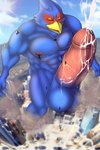 anthro balls big_balls big_penis blue_body bodily_fluids bodily_fluids_flooding city clinging cum cum_flooding cum_on_ground destruction erection excessive_cum excessive_genital_fluids eyes_closed flooding genital_fluids genitals high-angle_view huge_balls huge_penis hyper hyper_cum landscape_dwarfing macro male micro_between_breasts micro_on_balls micro_on_nipple micro_on_penis muscular muscular_male penis rampage thick_penis worship ernestaugust nintendo star_fox falco_lombardi avian bird canid canine mammal absurd_res hi_res