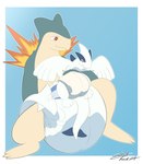 absurd_res ambiguous_gender anthro big_daiper clean_diaper cuddling diaper extremius_amphibious front_view generation_2_pokemon hi_res holding_object holding_plushie legendary_pokemon lugia nintendo plushie pokemon pokemon_(species) print_diaper sitting smile solo typhlosion