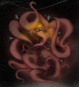 arthropod_webbing basement creepy fangs_bared glowing glowing_eyes hyper hyper_tongue lotemplototh male monster_in_the_basement solo spider_web teeth tentacles teratophilia tongue fledgedragonfox monster tentacle_creature shape_shifter