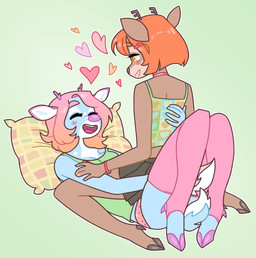 5_fingers anthro anthro_on_anthro antlers back_grab bedroom_eyes biped blue_body blue_tail blush bottomwear bracelet breasts brown_body brown_bottomwear brown_clothing brown_horn brown_tail butt butt_grab choker cleavage clothed clothing cloven_hooves dewclaw_hooves duo eyelashes eyes_closed female female/female fingers fluffy fluffy_tail footwear front_view gradient_hair green_background green_clothing green_topwear grey_hooves grey_nose hair half-closed_eyes hand_on_butt heart_symbol hooves horn hug humanoid_hands inner_ear_fluff jewelry legs_up legwear looking_at_another looking_down lying medium_breasts multicolored_body narrowed_eyes necklace on_back open_mouth open_smile orange_eyes orange_hair outline panties pillow pink_clothing pink_hair pink_hooves pink_horn pink_legwear pink_nose rear_view red_tongue romantic romantic_couple seductive shirt short_hair short_tail simple_background sitting skirt smile socks stirrup_socks straddling tail tail_between_legs tan_body tank_top thigh_highs thigh_socks tongue topwear tuft two_tone_body two_tone_tail underwear unguligrade wariza white_body white_tail sloppydraws nunu_(nunuru) peura_(sloppy) deer mammal 2017 absurd_res digital_drawing_(artwork) digital_media_(artwork) full-length_portrait hi_res portrait