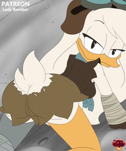all_fours anthro beak bedroom_eyes bottomwear butt camel_toe clothing eyewear eyewear_on_head female goggles goggles_on_head hair half-closed_eyes looking_back narrowed_eyes prosthetic prosthetic_leg prosthetic_limb seductive smile solo tail topwear torn_bottomwear torn_clothing ladycherrybomba disney ducktales ducktales_(2017) della_duck anatid anseriform avian bird duck digital_media_(artwork) hi_res