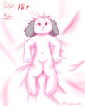 anthro bed body_pillow dakimakura female furniture laydown lying on_back pillow pink_monochrome solo young nikoransfw sugar_(nikoransfw) canid canine canis domestic_dog mammal 4:5 dakimakura_design hi_res restricted_palette