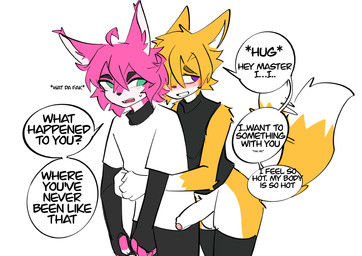 anthro aroused balls biped bodily_fluids butt dialogue duo erection foreskin genitals glans humanoid_genitalia humanoid_penis male male/male male_anthro master penis sweat text unretracted_foreskin alexaxes kunfen canid canine fox mammal absurd_res english_text hi_res