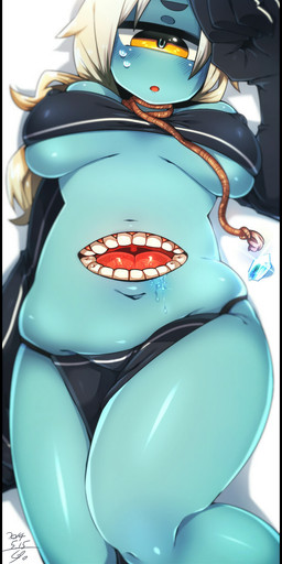 1_eye belly_mouth black_border blush bodily_fluids border breasts clothed clothing female gem hair horn lying nipple_outline on_back open_mouth saliva solo sweat sweatdrop under_boob yellow_eyes muroku cyclops humanoid 2014 hi_res