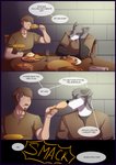 anthro black_nose brown_hair canid canine canis clothed clothing comic corncob dialogue digital_media_(artwork) duo eating english_text facial_hair food fur ghost_(wolfpack67) goatee grey_body grey_fur hair hi_res human male mammal open_mouth rabbit_(wolfpack67) shaded text wolf ziggie13