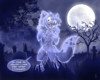 anthro bottomless breasts cemetery clothed clothing dialogue female fingers genitals moon navel night open_mouth outside plant shirt solo text tombstone topwear translucent translucent_body tree vulva yellow_eyes flinters plazmette domestic_cat felid feline felis ghost mammal spirit 2021 5:4 digital_media_(artwork) english_text