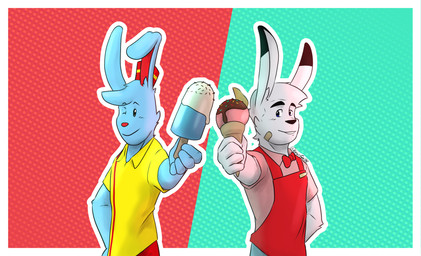 anthro band-aid bandage bow_tie clothing cone dessert duo food ice_cream male smile smiling_at_viewer uniform gearfox98 deltarune undertale undertale_(series) francis_(gearfox98) nicecream_man animal_humanoid arctic_hare hare humanoid lagomorph lagomorph_humanoid leporid mammal mammal_humanoid rabbit digital_media_(artwork) hi_res