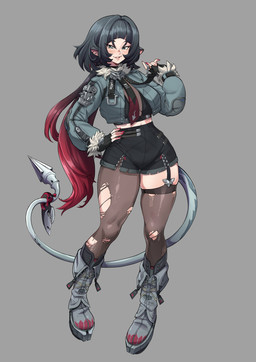 animal_ears animal_tail big_breasts black_bottomwear black_clothing black_gloves black_handwear black_shorts blush blush_lines boots bottomwear breasts brown_clothing brown_legwear brown_stockings choker clothed clothing colored_nails ear_piercing eyelashes female fingerless_gloves footwear front_view gloves green_eyes grey_background grey_boots grey_clothing grey_footwear grey_hair grey_topwear hair hand_on_hip handwear jewelry legwear long_hair looking_at_viewer multicolored_hair nails navel necklace notched_ear open_mouth open_smile piercing ponytail red_hair red_nails shoes shorts simple_background smile solo stockings tan_body tan_skin thick_thighs topwear torn_clothing torn_legwear torn_stockings two_tone_hair wide_hips insouwu mihoyo zenless_zone_zero jane_doe_(zenless_zone_zero) animal_humanoid humanoid mammal mammal_humanoid murid murid_humanoid murine murine_humanoid rat_humanoid rodent rodent_humanoid thiren absurd_res hi_res