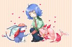 armor blue_body blue_fur blue_hair clothed clothing domestic_pet female feral fur group hair heart_symbol holding_paws male pink_armor pink_body pink_fur pink_hair red_scarf scarf tail tail_motion tailwag wings_on_head karakurenai bushiroad cardfight!!_vanguard flogal sendou_aichi wingal canid canine canis human mammal