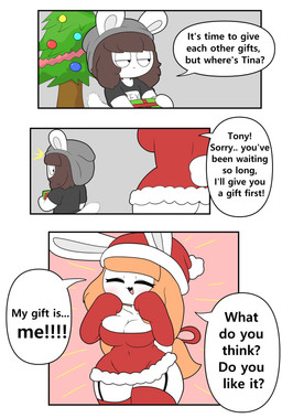anthro beanie black_clothing black_shirt black_topwear breasts brown_hair butt christmas_clothing christmas_decorations christmas_dress christmas_headwear christmas_tree cleavage clothed clothing dialogue dress duo eyelashes female garter_straps gift grey_beanie grey_clothing grey_hat grey_headwear hair hat headgear headwear holidays long_hair male navel orange_hair plant red_clothing santa_hat shirt short_tail speech_bubble tail text topwear tree tonytoran christmas tina_(tonytoran) tony_(tonytoran) chinchilla chinchillid lagomorph leporid mammal rabbit rodent absurd_res comic english_text hi_res