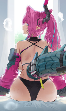 armwear bodily_fluids breasts butt clothing female hair horn humanoid_pointy_ears inside long_hair looking_at_viewer looking_back looking_back_at_viewer panties pointy_ears rear_view side_boob smile solo sweat tail underwear hews-hack horned_humanoid humanoid absurd_res colored digital_drawing_(artwork) digital_media_(artwork) hi_res shaded