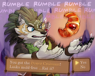 5_fingers anthro bar_emanata belt_buckle black_pawpads blue_eyes bread buckle claws clothed clothed_anthro clothed_male clothing croissant ear_piercing ear_ring emanata finger_claws fingerpads fingers food front_view fur game_ui green_body green_clothing green_fur green_hair green_shirt green_topwear hair inner_ear_fluff large_comic looking_at_object male multicolored_body multicolored_fur onomatopoeia open_mouth pastry pawpads piercing pupils purple_background red_tongue ring_piercing shirt simple_background sleeveless_shirt snout solo sound_effects tan_body tan_fur teeth text tongue tongue_showing topwear tuft white_body white_fur white_inner_ear white_inner_ear_fluff white_sclera waddledox nintendo the_legend_of_zelda link_(wolf_form) canid canine canis mammal wolf 2024 5:4 comic digital_drawing_(artwork) digital_media_(artwork) english_text half-length_portrait hi_res portrait