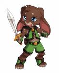 4_toes anthro blush brown_body brown_fur clothing countershading feet fur kemono male melee_weapon navel open_mouth simple_background smile solo standing sword toes weapon white_background young young_anthro unrealplace lagomorph leporid mammal rabbit 2017 hi_res