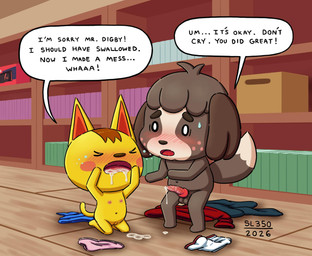 age_difference animal_genitalia animal_penis anthro areola balls blush blush_lines blush_stickers bodily_fluids canine_genitalia canine_penis cartoon_freckles comforting crying cum cum_drip cum_in_mouth cum_inside dripping duo erection eyes_closed female flat_chested freckled_face freckles genital_fluids genitals male nipples nude penis standing sweat tail tears text vulva young young_female sl350 animal_crossing nintendo digby_(animal_crossing) katie_(animal_crossing) canid canine canis domestic_cat domestic_dog felid feline felis mammal 2026 english_text hi_res signature