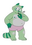 3_toes 4_fingers anthro bent_arm bottomwear clothing feet fingers fur green_body green_fur hand_on_hip holding_object male mouth_closed navel nipples overweight overweight_male shorts smoke solo standing toes vape vaping unknown_artist fred_(fredrick_brennan) mammal procyonid raccoon digital_media_(artwork) hi_res