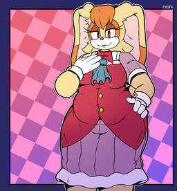 animal_ears anthro bedroom_eyes belly belly_rolls big_breasts biped breasts brown_eyes button_(fastener) checkered checkered_background cleavage clothed clothing cuffs_(clothing) dress eyelashes fat_arms fat_legs female floppy_ears fur gloves gradient_background hair hand_on_hip handwear lips looking_at_viewer narrowed_eyes orange_body orange_hair overweight overweight_anthro overweight_female pattern_background pink_background seductive simple_background solo standing tan_body tan_fur wide_hips n00nimous sega sonic_the_hedgehog_(series) vanilla_the_rabbit lagomorph leporid mammal rabbit hi_res signature