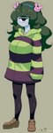 1_eye accessory breasts clothing female footwear green_hair hair hair_accessory hairband hoodie looking_at_viewer shoes simple_background solo standing topwear arumo cyclops humanoid 2020 absurd_res hi_res