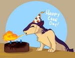 birthday_cake breath_powers burnt burnt_food cake candle clothing countershading dessert elemental_manipulation feral fire fire_breathing fire_manipulation food hat headgear headwear male markings mottled mottled_body party_hat paws purple_body quadruped red_markings solo tan_body scruffasus nintendo pokemon blitz_(gyro) fan_character generation_2_pokemon pokemon_(species) quilava hi_res