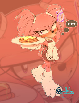 anthro apron biped black_clothing black_dress black_nose blush breasts clenched_teeth clothed clothing crossgender dress ellipsis female food gloves hair handwear holding_object holding_plate looking_at_viewer maid_uniform mtf_crossgender pancake pigtails plate red_hair short_tail small_breasts solo standing tail teeth thought_bubble uniform white_apron white_clothing white_gloves white_handwear orphika sega sonic_the_hedgehog_(series) knuckles_the_echidna echidna mammal monotreme absurd_res hi_res