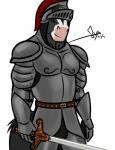 anthro armor belt biped black_body black_fur black_tail blaze_(marking) breastplate clothed clothing facial_markings front_view full_armor fur gauntlets gloves green_eyes handwear head_markings headgear helmet holding_melee_weapon holding_object holding_sword holding_weapon looking_at_viewer male markings melee_weapon multicolored_body multicolored_fur pauldron plate_armor simple_background solo standing sword tail two_tone_body two_tone_fur warrior weapon white_background white_body white_fur white_markings bgn aussieclyde gabriel_(aussieclyde) clydesdale draft_horse equid equine horse mammal 2014 digital_media_(artwork) hi_res portrait signature three-quarter_portrait