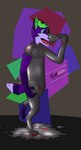 anthro blue_eyes bulge fur glistening goo_transformation green_hair hair horn latex lock_bulge lock_symbol male null_bulge open_mouth puddle purple_body purple_fur red_eyes solo tail teeth tongue transformation tugging_clothing maeldroem canid canine fox kobold mammal scalie absurd_res digital_media_(artwork) hi_res