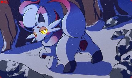 animal_genitalia animal_vulva anus belly_nipples blush butt camera_view canine_genitalia canine_vulva female feral fur genitals glowing glowing_eyes night pawpads paws presenting recording red_body red_fur snow snowing solo vulva white_body white_fur nulloffset nintendo pokemon pokemon_legends_arceus generation_8_pokemon hisuian_form hisuian_zorua pokemon_(species) regional_form_(pokemon) hi_res