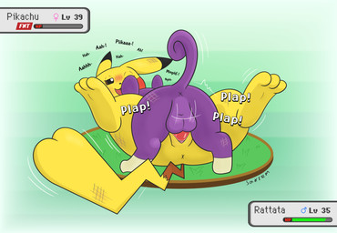 3_toes anus backsack balls black_nose blush bodily_fluids butt claws defeat_sex defeated directed_motion_outline duo ears_back feet female female_penetrated female_symbol feral feral_on_feral feral_penetrated feral_penetrating feral_penetrating_feral from_front_position gameplay_mechanics gender_symbol genitals gradient_background gui health_bar interspecies larger_female larger_penetrated level_number looking_pleasured lying male male/female male_on_top male_penetrating male_penetrating_female male_symbol missionary_position moan motion_lines motion_outline multicolored_body on_back on_top penetration penile penile_penetration penis penis_in_vagina pivoted_ears pokemon_battle pokemon_speak rear_view red_cheeks round_ears scuff_marks sex simple_background size_difference smaller_male smaller_on_top soles spread_legs spreading symbol tail text toes top_hole two_tone_body vaginal vaginal_penetration vulva x_anus yellow_body sakrem nintendo pokemon generation_1_pokemon mammal pikachu pokemon_(species) rattata rodent digital_media_(artwork) english_text hi_res krita_(artwork)