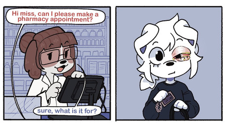 2_panel_comic :3 anthro bangs black_clothing black_eyes black_shirt black_topwear border brown_hair clothing coat computer dialogue dot_eyes duo electronics eyelashes eyewear female floating_eyebrows floppy_ears glass glasses grey_background hair hair_bun holding_bag holding_card infection lab_coat oversized_clothing pharmacy ponytail shelf shirt simple_background simple_eyes snout text topwear white_body white_border white_clothing white_hair bearsockz bearsockz_(character) canid canine canis domestic_dog mammal 2026 comic english_text