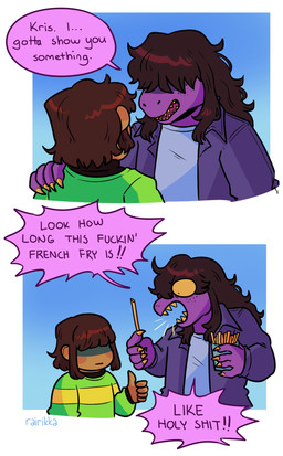 2_panel_comic ambiguous_gender anthro brown_hair clothed clothed_anthro clothed_human clothing constricted_pupils dialogue duo emanata female female_anthro food freckled_face freckles fries gesture hair hair_over_eyes hand_gesture hand_on_shoulder holding_fry long_hair mouth_closed open_mouth pointy_speech_bubble profanity pupils purple_body purple_scales scales sharp_teeth small_pupils speech_bubble teeth text thumbs_up wide_eyed yelling yellow_sclera yellow_teeth hiirenvirna deltarune undertale_(series) kris_(deltarune) susie_(deltarune) human mammal monster reptile scalie 2025 artist_name comic digital_drawing_(artwork) digital_media_(artwork) english_text hi_res
