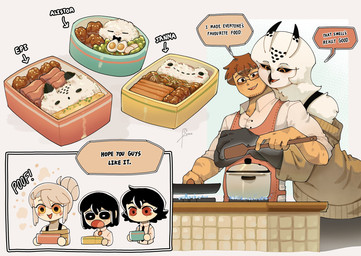 anthro apron beak bento_box clothed clothing cooking cooking_pot cookware dialogue female female_anthro food frying_pan fully_clothed group hug husband_and_wife interspecies_romance kitchen_utensils male male/female married_couple romantic romantic_couple spatula speech_bubble text tools saltypokerface avian bird human mammal owl english_text hi_res father_(lore) father_and_child_(lore) mother_(lore) mother_and_child_(lore) parent_(lore) parent_and_child_(lore)