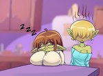 ahoge angry big_breasts blonde_hair blurred_background breast_pillow breasts brown_hair cleavage clothed clothing duo ears_down ears_up eyewear female glasses hair huge_breasts humanoid_pointy_ears not_furry on_breasts pivoted_ears short_hair sleeping sound_effects vowelless vowelless_sound_effect zzz 20pesos_sopa lira_(20pesos_sopa) lula_(20pesos_sopa) goblin humanoid hi_res sibling_(lore) sister_(lore) sisters_(lore)