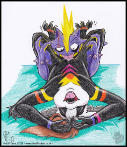 anthro bed_sheet bedding black_body claws countershade_genitalia countershade_vulva countershading cunnilingus duo ear_piercing eyebrow_piercing facial_piercing female genitals lying male mohawk on_back open_mouth oral piercing purple_body sex sharp_teeth teeth toe_claws tongue vaginal vulva silvolf nintendo pokemon amped_toxtricity generation_8_pokemon pokemon_(species) scalie toxtricity 2021 colored_pencil_(artwork) dated traditional_media_(artwork)