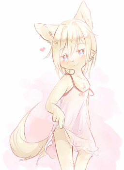 5_fingers anthro blue_eyes blush bottomwear clothed clothing clothing_lift female fingers hair half-closed_eyes heart_symbol looking_at_viewer narrowed_eyes skirt skirt_lift sleepwear solo tail translucent translucent_clothing young young_anthro young_female kuzugitsune canid canine fox mammal 2015