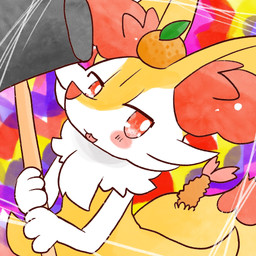 :3 ambiguous_anthro ambiguous_gender anthro biped blep blush blush_stickers dipstick_tail food front_view fruit hammer holding_hammer holding_object holding_tool leaf looking_at_viewer looking_up looking_up_at_viewer markings no_pupils object_in_tail orange_(fruit) orange_on_head plant shrimp_(food) solo standing tail tail_markings three-quarter_view tongue tongue_out tools annyui0611 nintendo pokemon braixen canid generation_6_pokemon mammal pokemon_(species) 1:1 2023 digital_drawing_(artwork) digital_media_(artwork) half-length_portrait hi_res japanese_description portrait translated_description