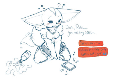 anthro blush bottle clothing container dialogue drunk electronics female phone shirt simple_background solo substance_intoxication tail tail_motion tailwag text topwear white_background salaciouslx aggretsuko sanrio fenneko canid canine fennec_fox fox mammal true_fox 2018 digital_media_(artwork) drawpile_(artwork) english_text sketch