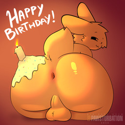 anthro anus backsack balls bedroom_eyes big_butt birthday birthday_cake butt cake candle dessert femboy food genitals looking_at_viewer male narrowed_eyes presenting presenting_hindquarters rear_view seductive solo text bigbossnsfw lagomorph leporid mammal rabbit 1:1 2026 english_text hi_res