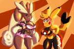 anthro big_breasts breasts cleavage cleft_tail clothed clothing cosplay_pikachu_(costume) duo female mask midriff navel navel_piercing one_eye_closed piercing sports_mask sportswear tail wink wrestling_mask solratic nintendo pokemon bonita_(solratic) cosplay_pikachu_(character) kanna_(joaoppereiraus) pikachu_libre generation_1_pokemon generation_4_pokemon lopunny pikachu pokemon_(species) 3:2